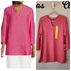 NWT Land's End Linen Blend‎ V-neck 3/4 Sleeve Pink Tunic Top Size Small